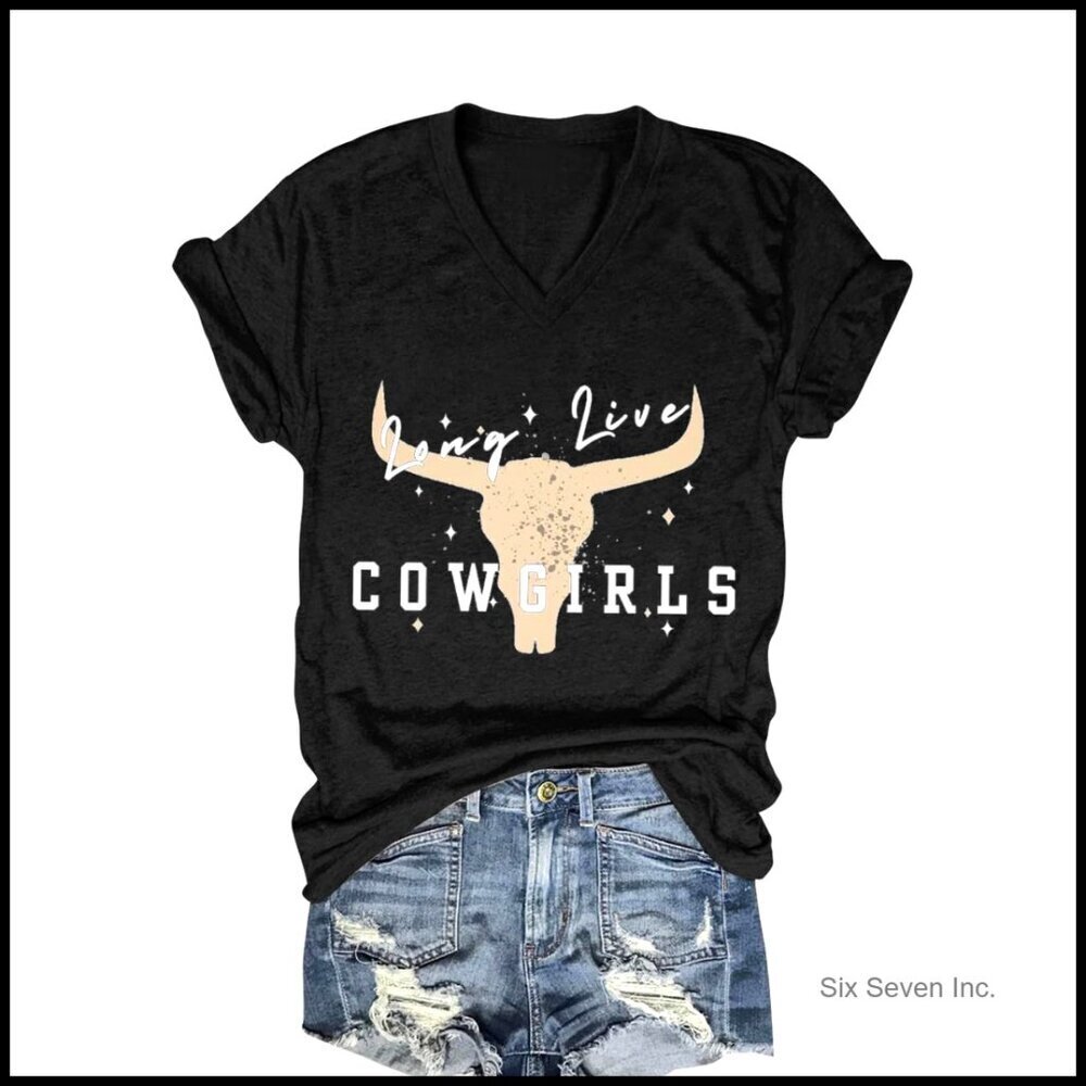 Vintage Cowboy Graphic Tee V-Neck Short Sleeve Western Country Shirt Cowgirl